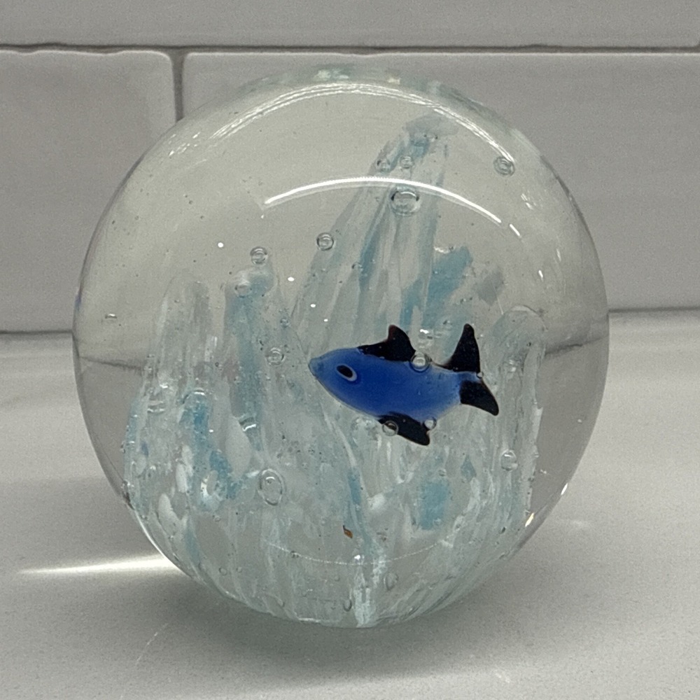 Murano Style Hand Blown Glass Aquarium Paperweight Blue Fish Tropical 2.5"